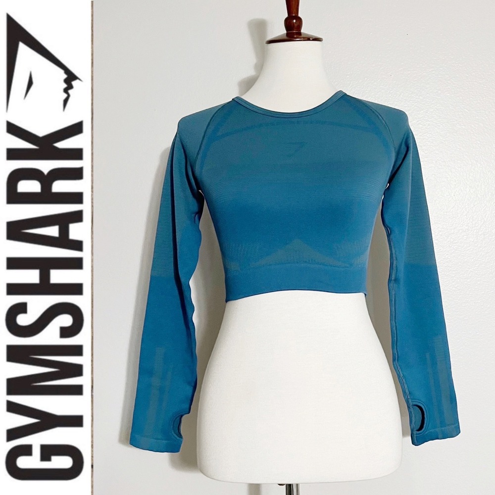 Gymshark Geo Seamless Long Sleeve Crop Top in Teal Size Small‎